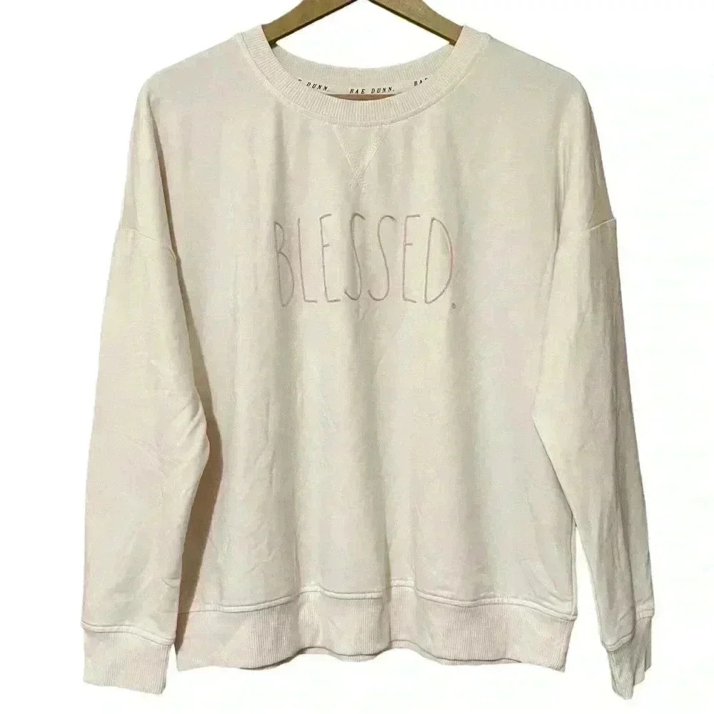 Rae Dunn Women's Small Sea Salt BLESSED Graphic Drop Shoulder Sweatshirt NWT